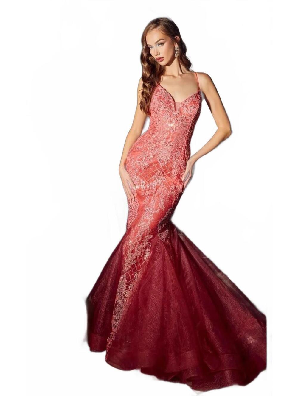 Coral Glitter Print Mermaid Prom Gown with Sweetheart V-Neckline & Corset Size 8